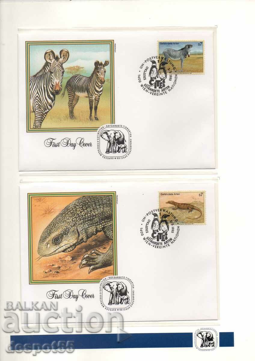 1993. United Nations - Vienna. Endangered animals. 4 envelopes.