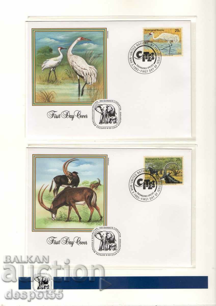 1993. United Nations - New York. Endangered animals. 4 envelopes. with price 6.50 BGN | € 3.32 1993. United Nations - New York. Endangered animals. 4 envelopes. with price 6.50 BGN | € 3.32
