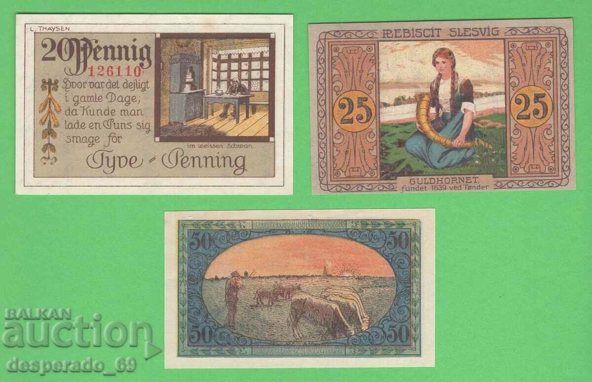 (¯`'•.¸NOTGELD (town of Tondern) 1920 UNC -3 pcs. banknotes¸.•'´¯)