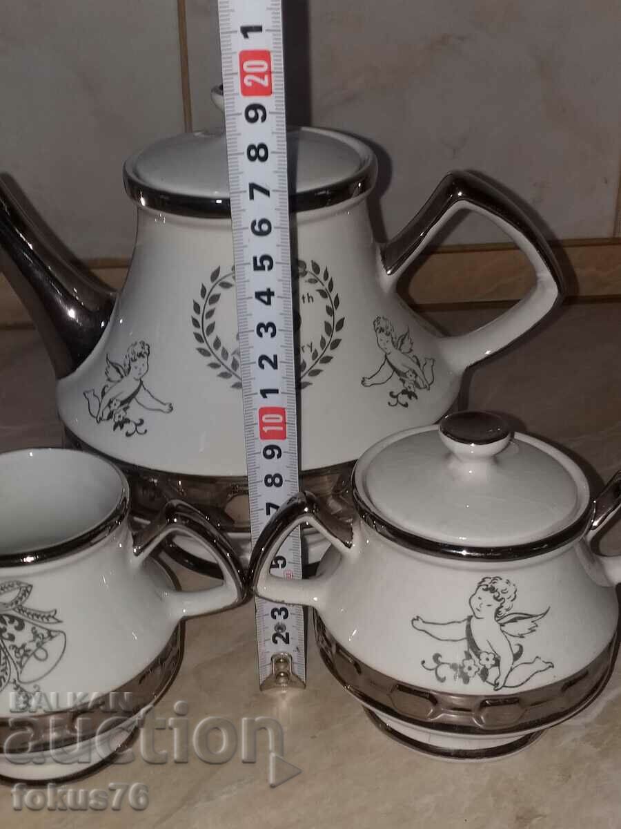 Set de ceai din portelan englezesc cu margine argintie - 6 Set de ceai din portelan englezesc cu margine argintie - 6