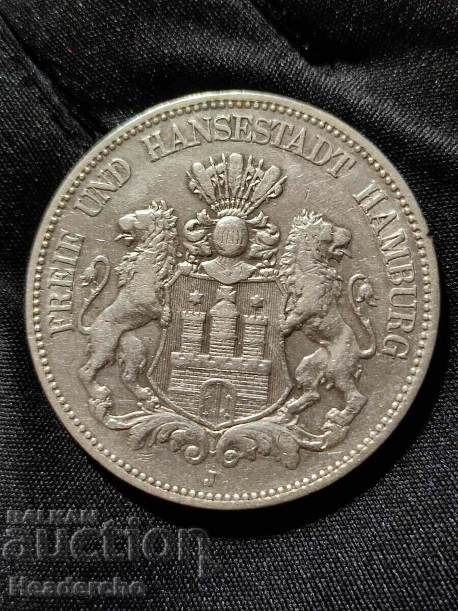 5 марки 1876-J Германия (Хамбург) сребро