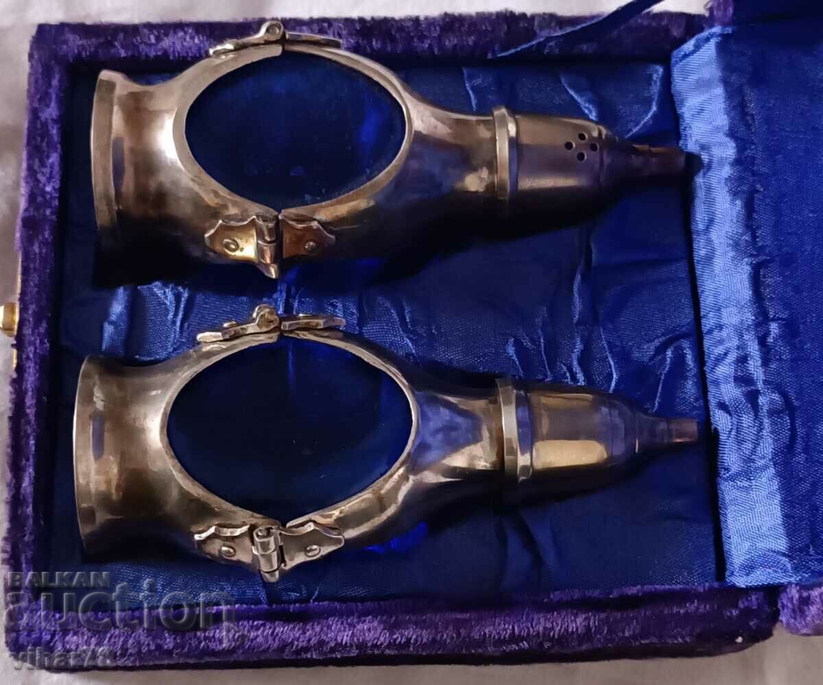 Lot of two blue glass salt and pepper bottles with price € 69.99 | 136.89 BGN