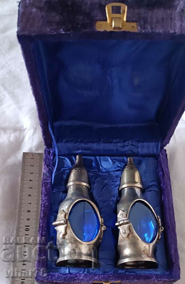 Lot of two blue glass salt and pepper bottles