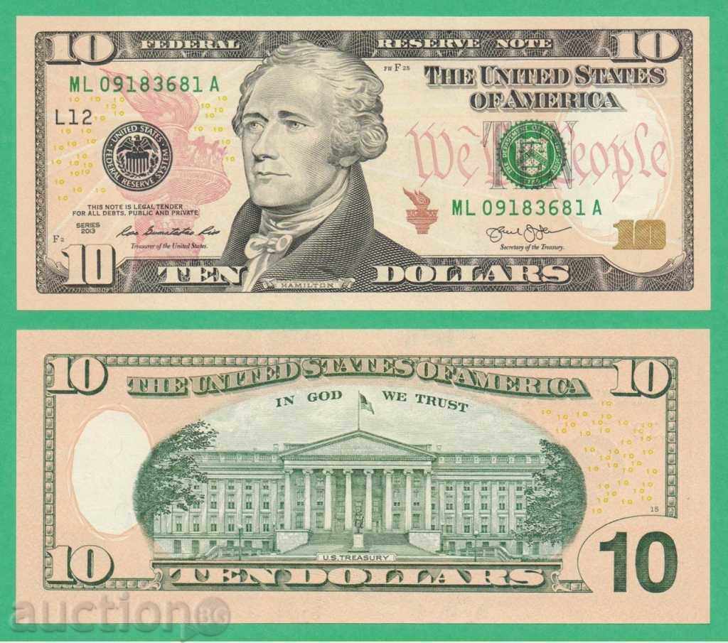 (¯`'•.¸   САЩ  10 долара  2013  UNC   ¸.•'´¯)