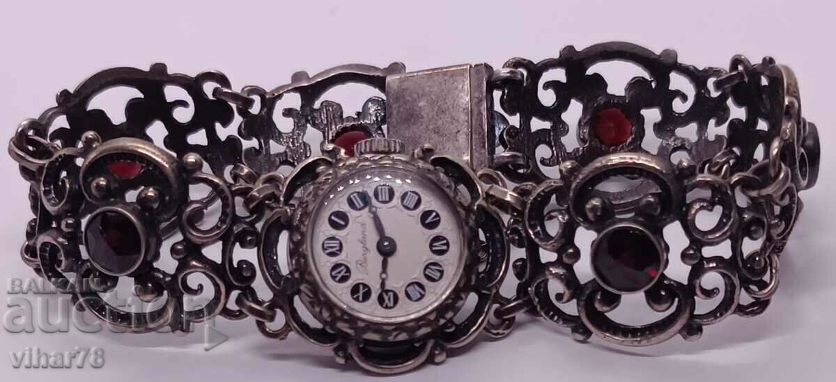 BERGLAND ladies silver watch with garnets