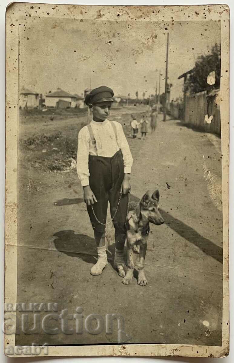 Photograph of a child with a dog