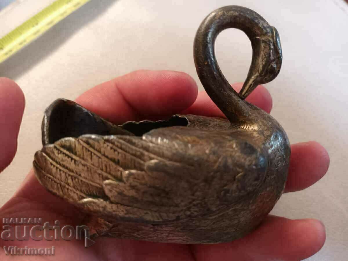 Figurină, lebădă, zamac, bronz vechi, Art Deco, pentru ace de cusut
