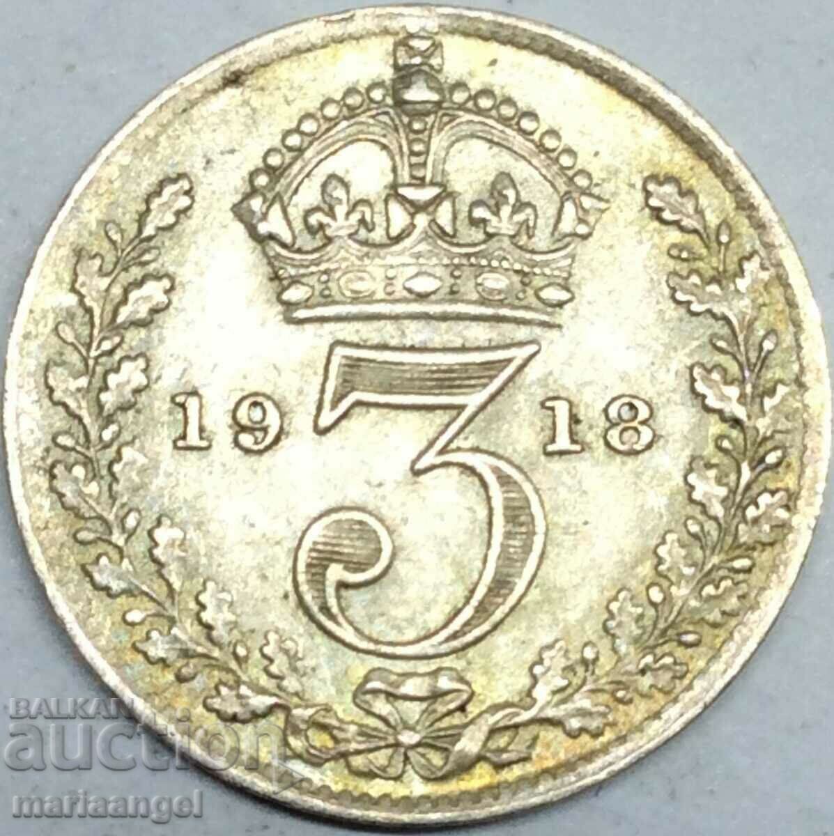 Великобритания 3 пенса 1918 сребро патина