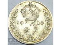 Marea Britanie 3 pence 1918 patina de argint