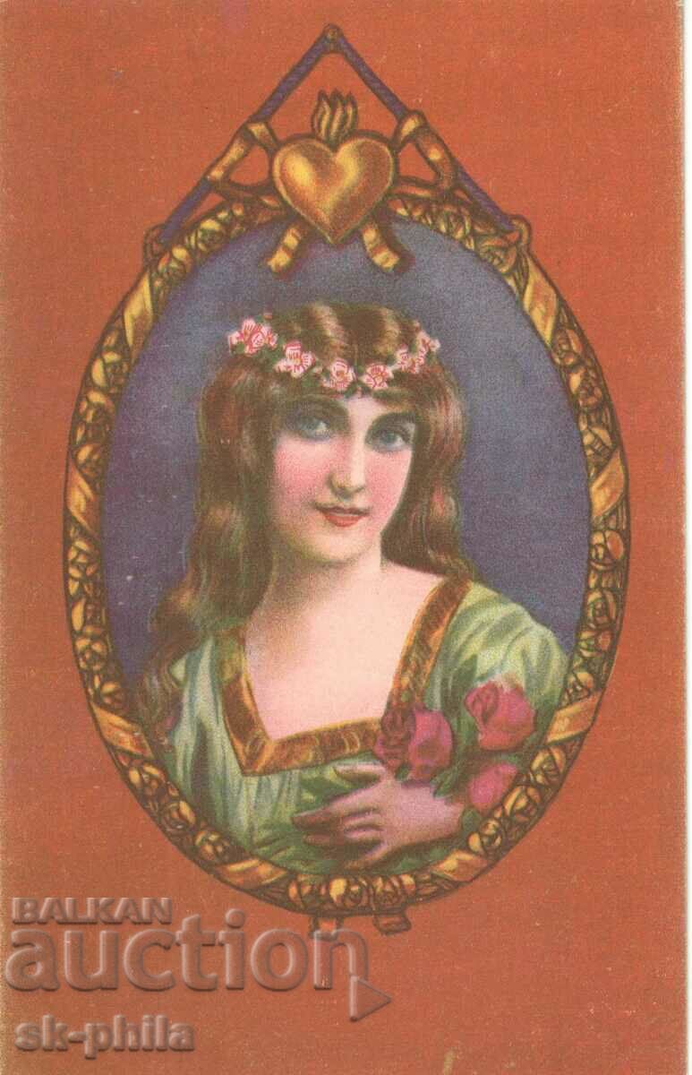 Παλιά κάρτα - Ρομαντική - Γυναίκα με ένα στεφάνι