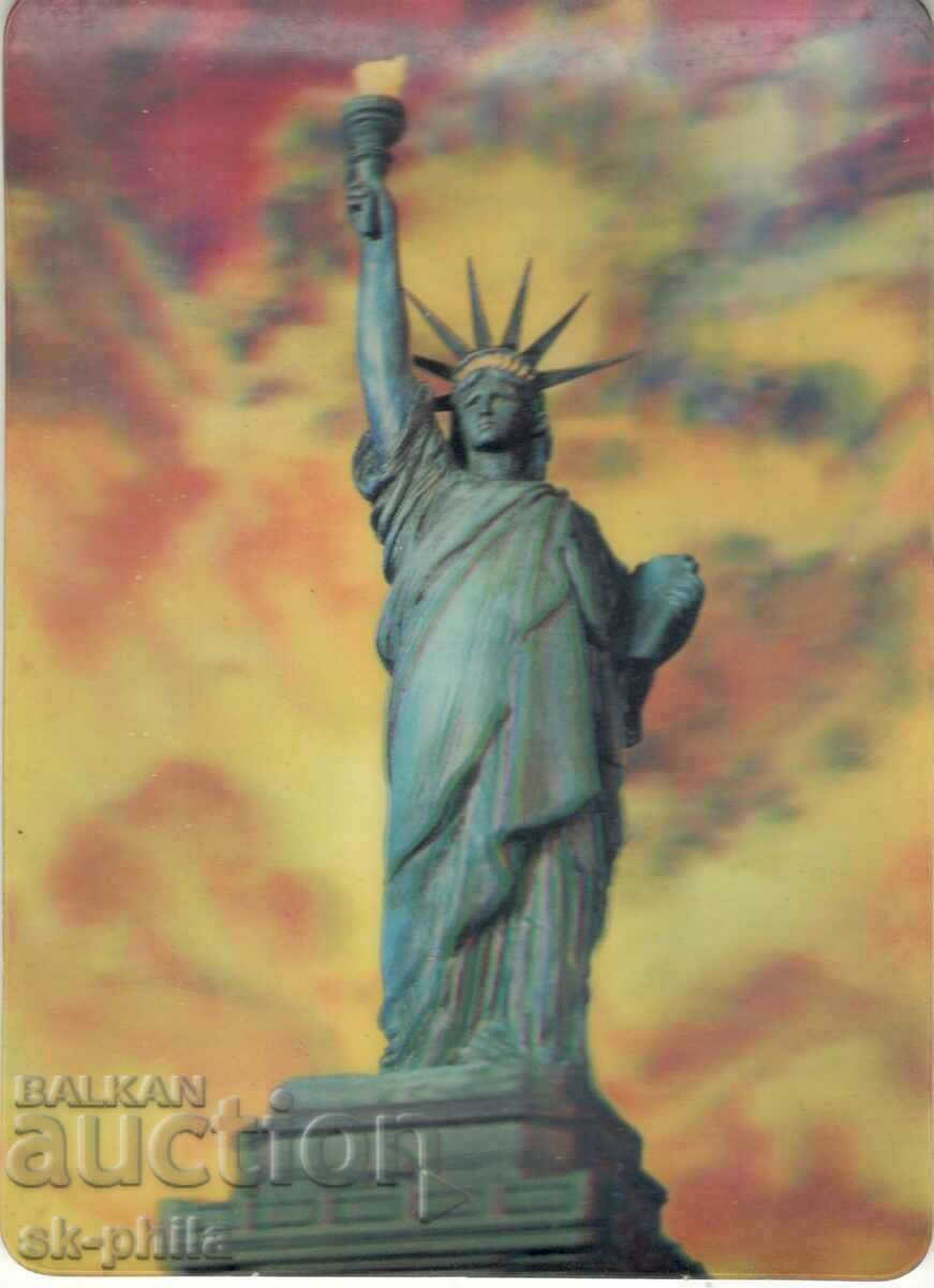 Old postcard - stereo - Statue of Liberty