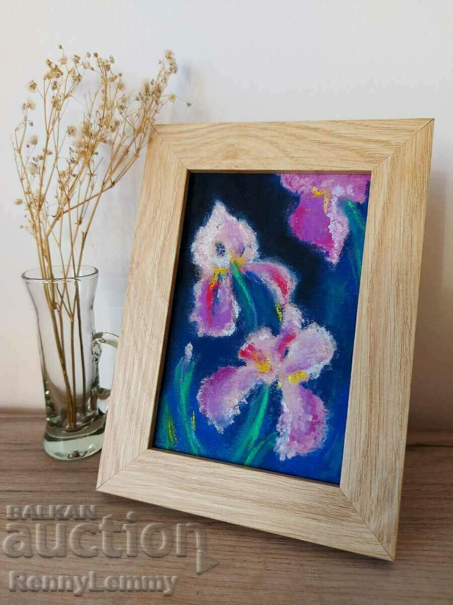 Irises, miniature painting, pastel