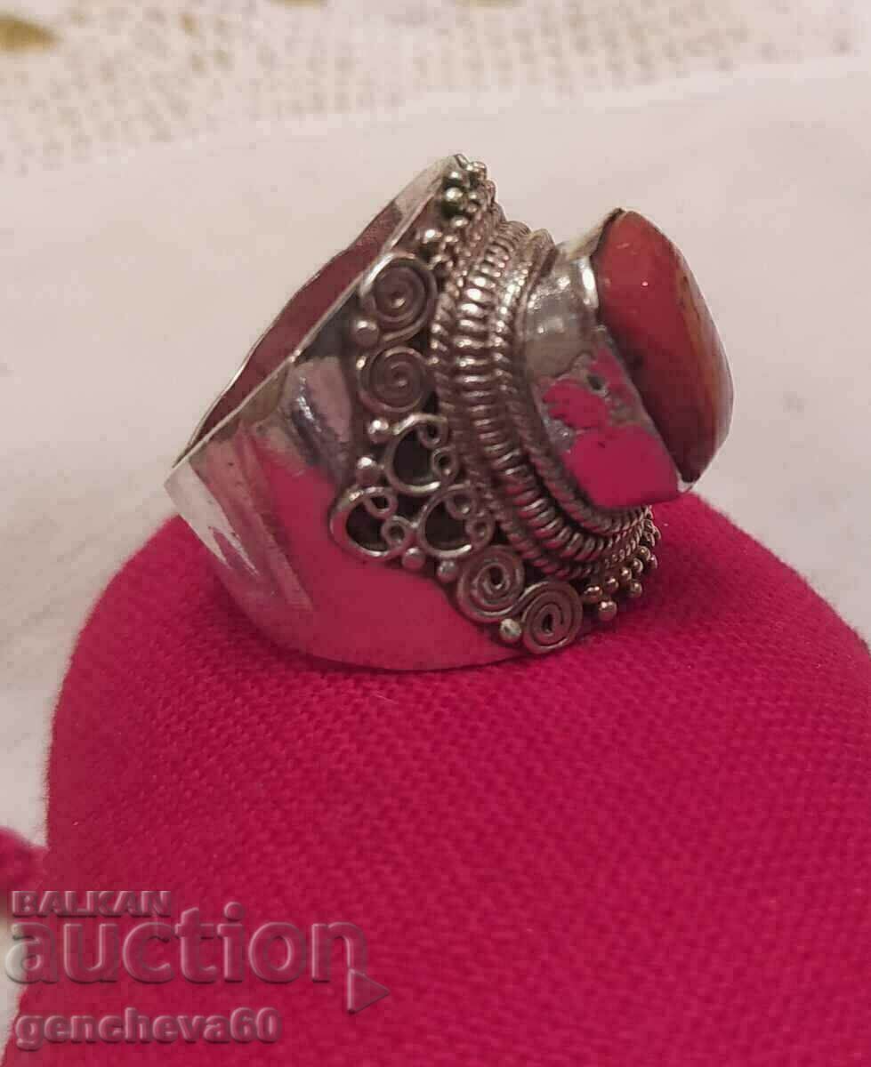 Inel vechi superb 925 și coral roșu - 6
