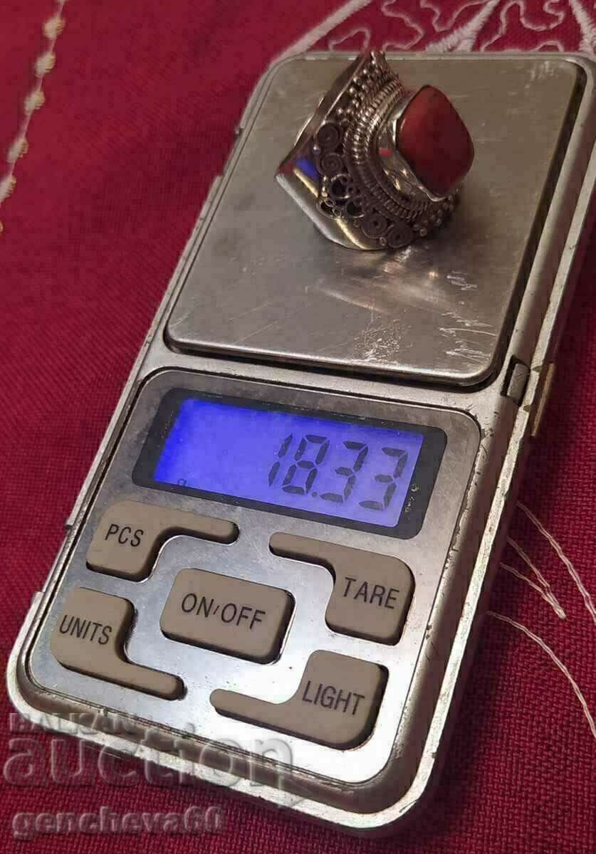Inel vechi superb 925 și coral roșu - 7