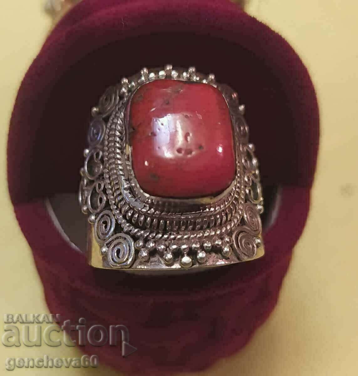 Gorgeous silver ring with red coral and ornaments