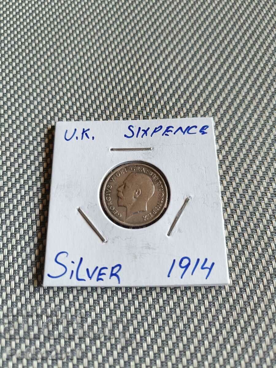Moneda de argint 6 pence 1914