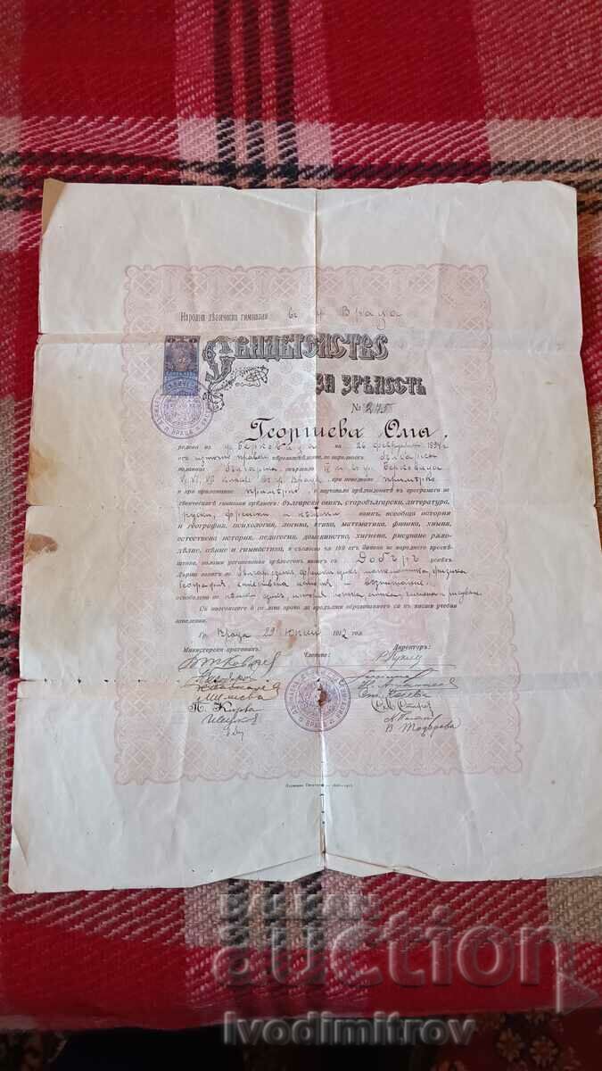 Matriculation certificate National Maiden Mrs. Vratsa 1912