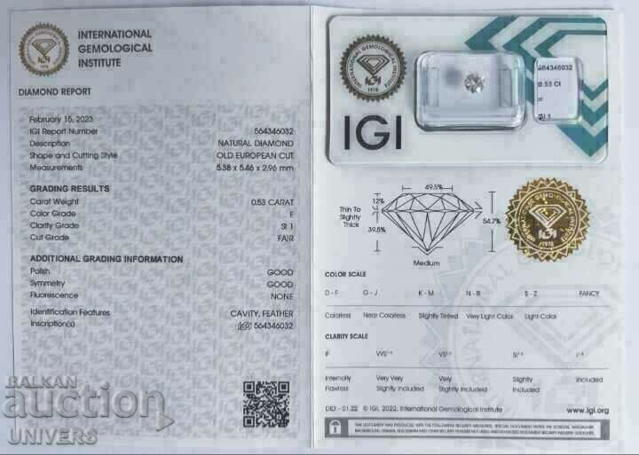 Diamond AIG Certificate Color "F" 0.53 ct.