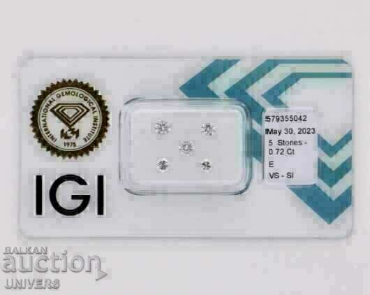 Diamond/s 5 pcs. IGI Certificate Color "E" 0.72ct.