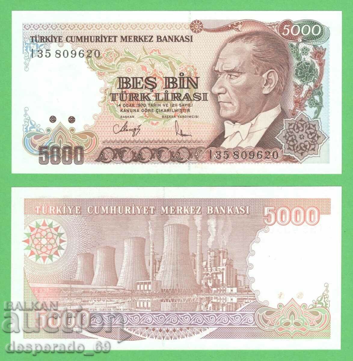 (¯`'•.¸ TURKEY 5000 Lira 1970 (1990) UNC ¸.•'´¯)