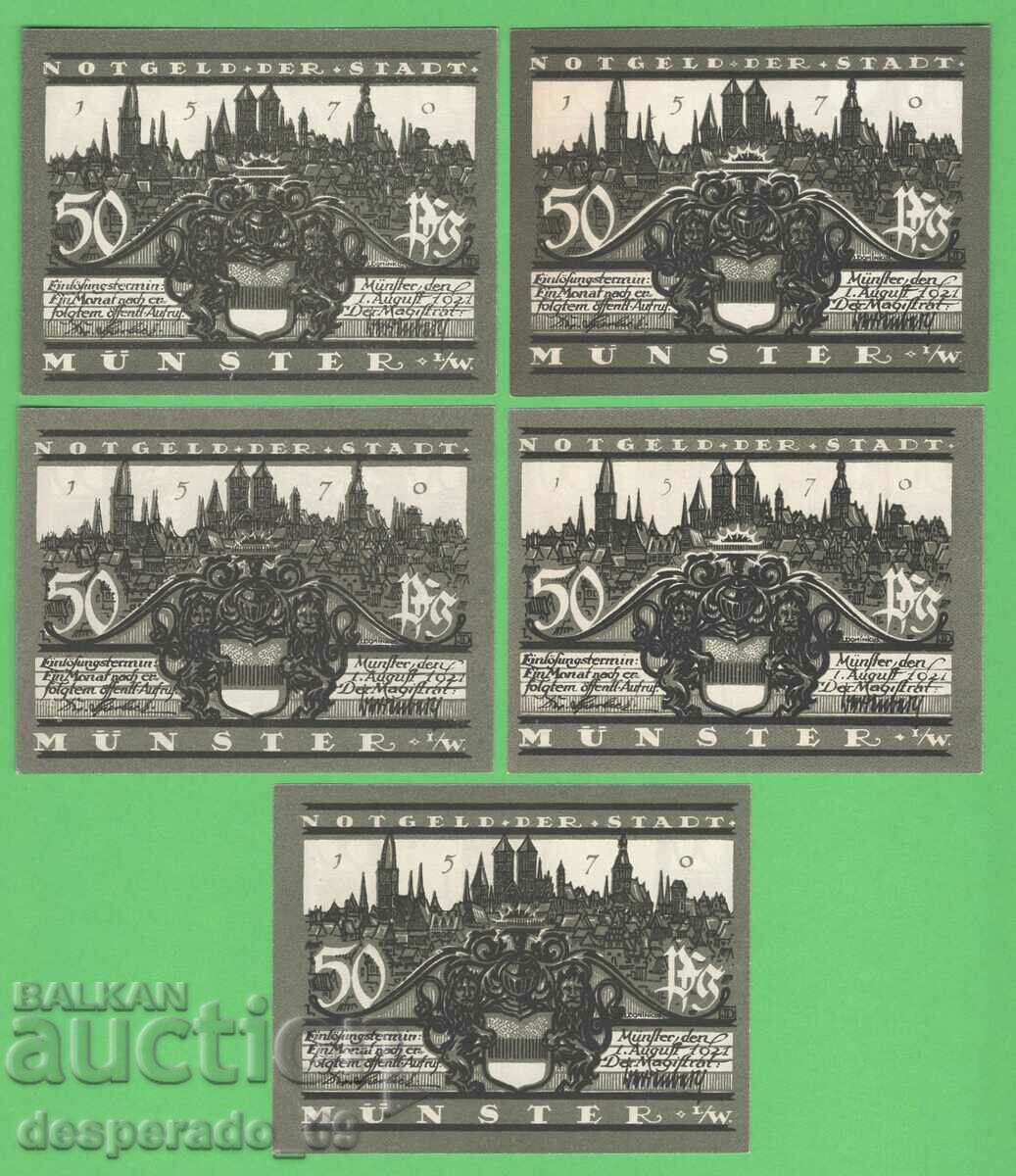 (¯`'•.¸NOTGELD (City of Münster) 1921 UNC -5 banknotes¸.•'´¯) with price 15.00 BGN | € 7.67