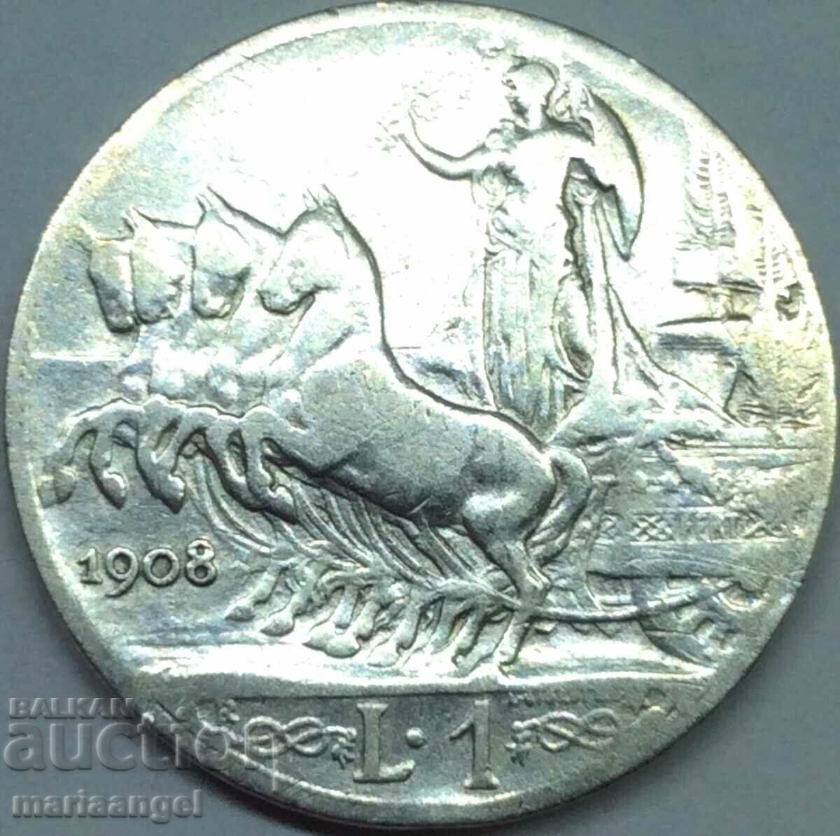 1 лира 1908 Италия Виктор Емануил (1869-1947) сребро