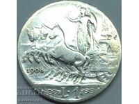 1 лира 1908 Италия Виктор Емануил (1869-1947) сребро