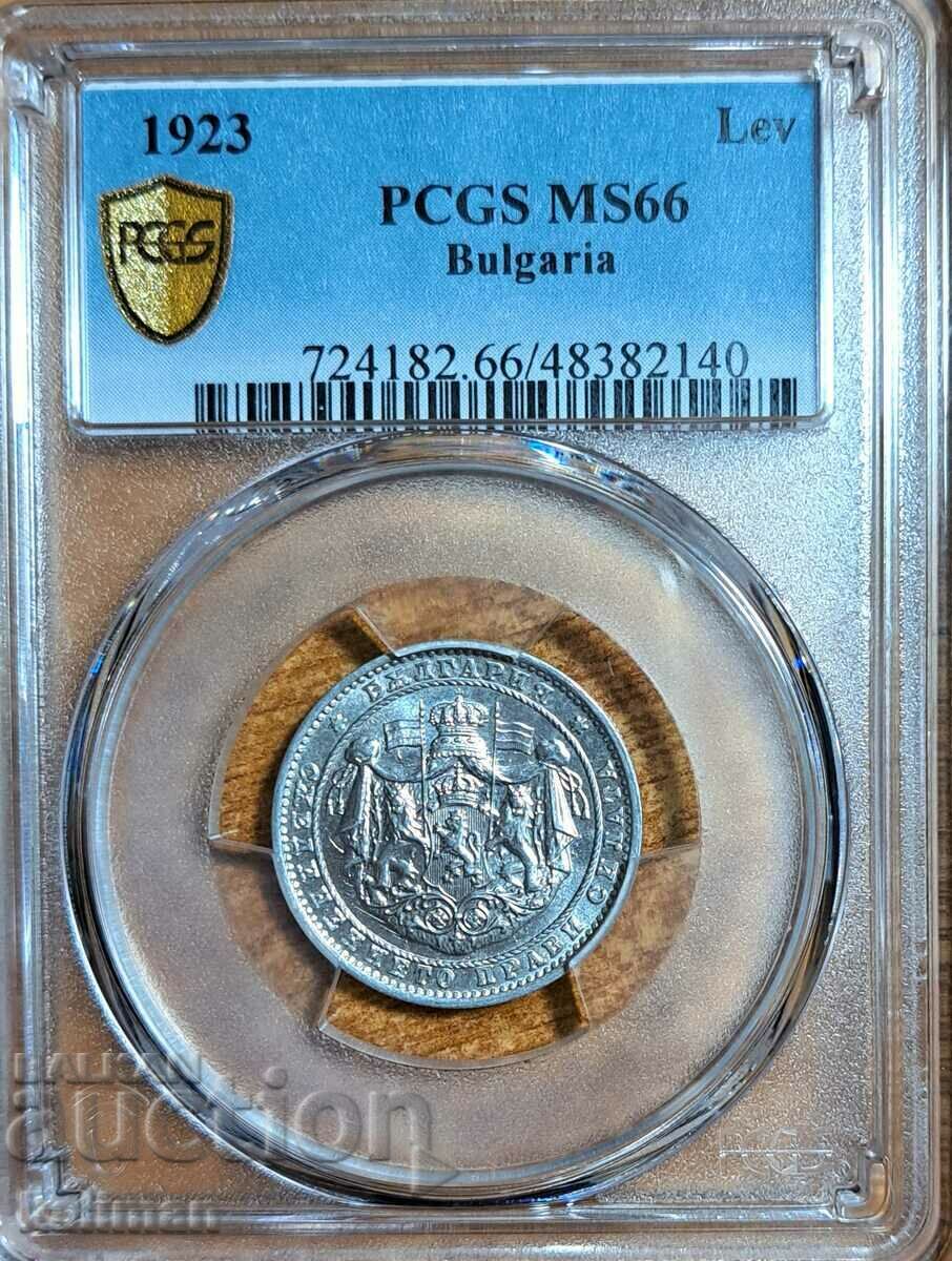 монета 1 лев 1923 г. PCGS  MS 66