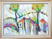Картина на Иван Яхнаджиев Пейзаж къщи дървета 17 маслени бои