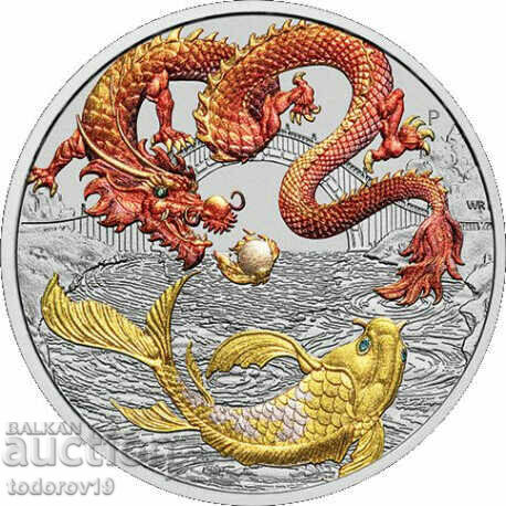 Сребро 1 oz Дракон и риба Кой Оцветена Червено и Златно 2023