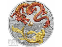Argint 1 oz Dragon și Pește Koi Colorat Roșu și Auriu 2023