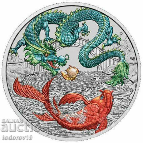 Silver 1 oz Dragon and Koi Fish Colored Green and Red 2023