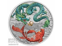 Argint 1 oz Dragon și Pește Koi Colorat Verde și Roșu 2023