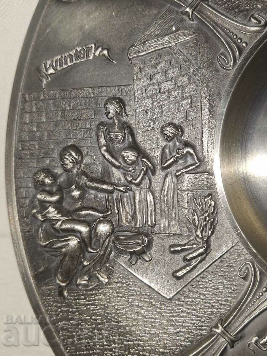 Auction Old pewter plate wall decoration--the four seasons Auction Old pewter plate wall decoration--the four seasons