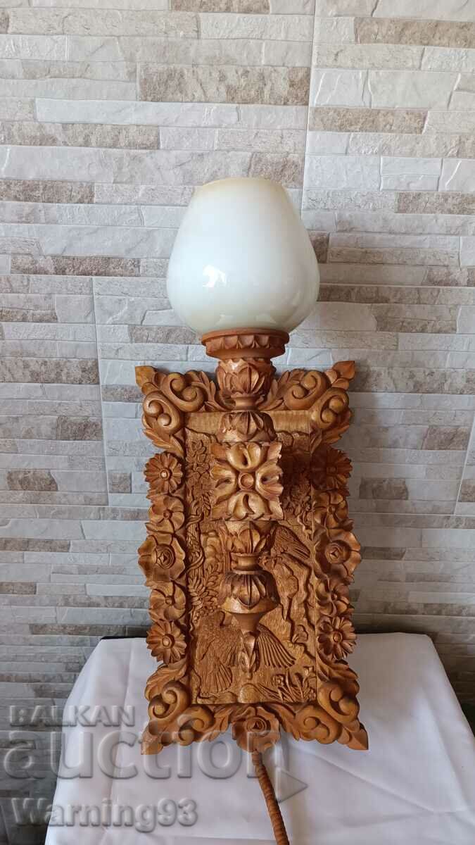 Sculptură veche în lemn cu lampă - motive de vânătoare - 62/28cm