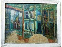 OLD BULGARIAN OIL PAINTING - THE BLUE YARD IN KARLOVO