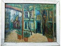 OLD BULGARIAN OIL PAINTING - THE BLUE YARD IN KARLOVO