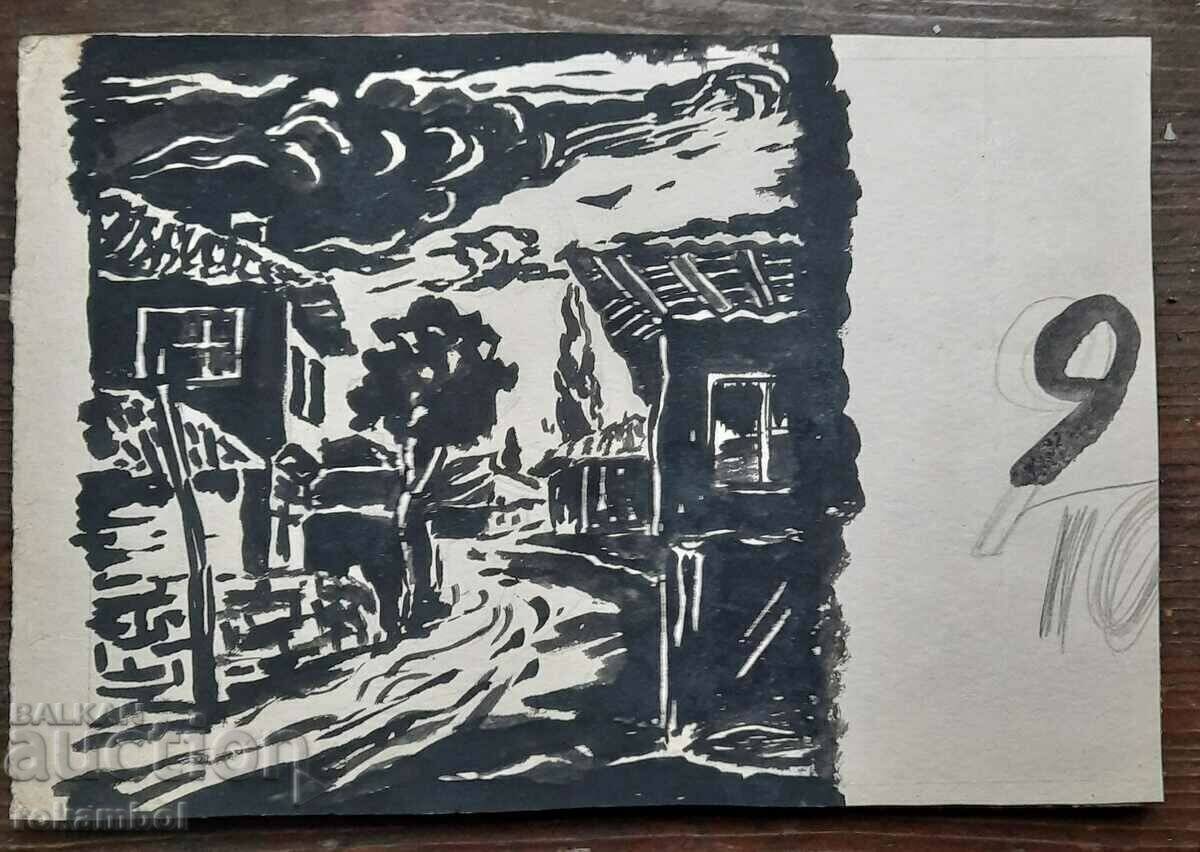 Painting "Village" by hud. Stefan Kutsarov, ink on cardboard with price 300.00 BGN | € 153.39 Painting "Village" by hud. Stefan Kutsarov, ink on cardboard with price 300.00 BGN | € 153.39