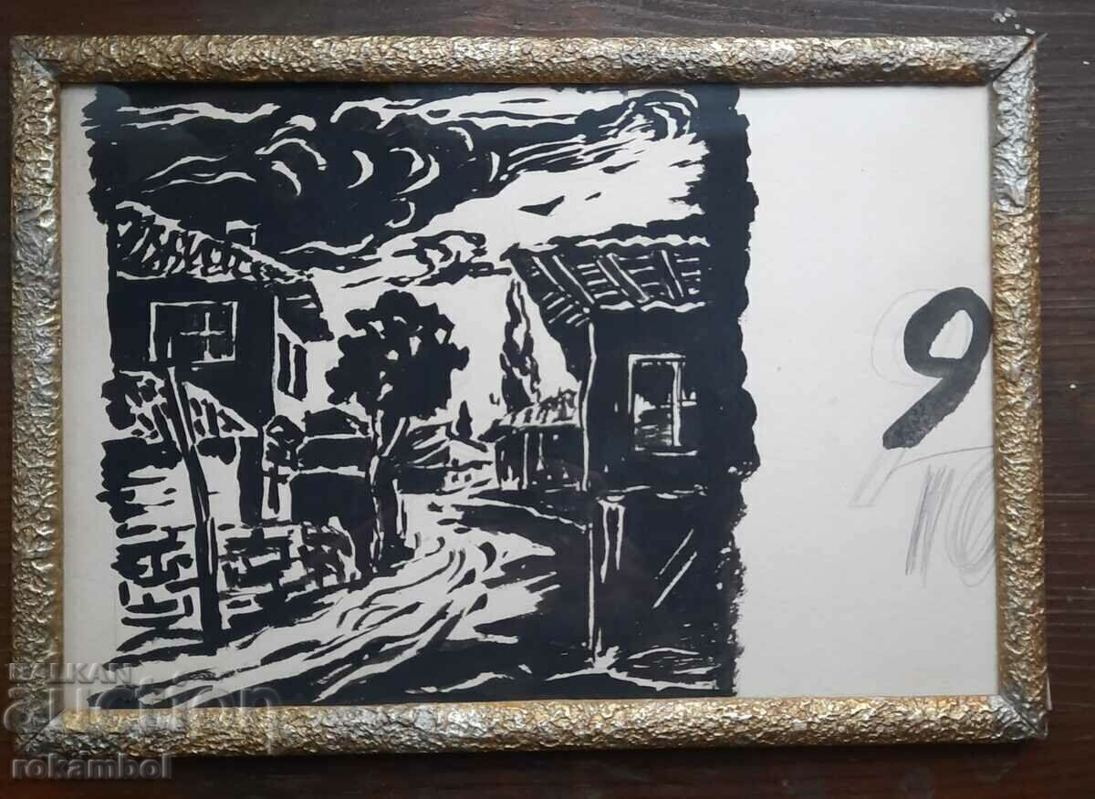 Auction Painting "Village" by hud. Stefan Kutsarov, ink on cardboard Auction Painting "Village" by hud. Stefan Kutsarov, ink on cardboard