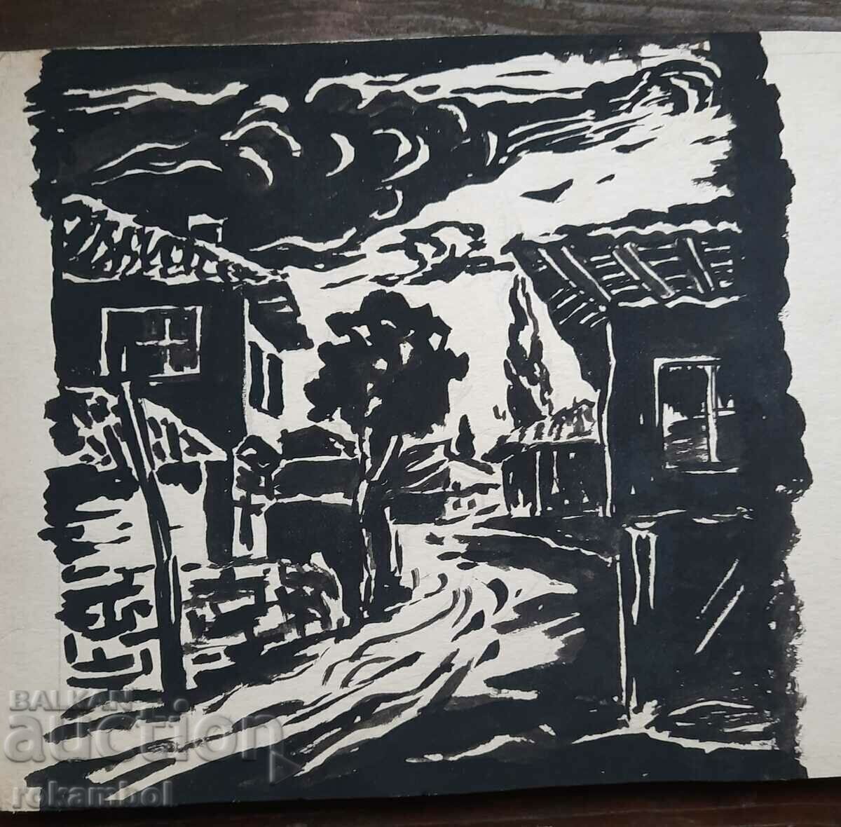 Painting "Village" by hud. Stefan Kutsarov, ink on cardboard Painting "Village" by hud. Stefan Kutsarov, ink on cardboard
