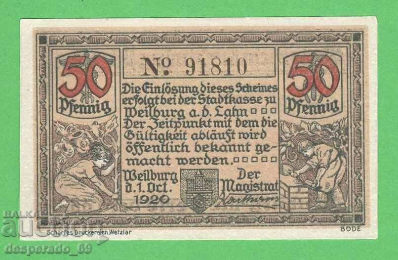 (¯`'•.¸NOTGELD (city Weilburg) 1920 UNC -50 pfennig¸.•'´¯) with price 2.70 BGN | € 1.38 (¯`'•.¸NOTGELD (city Weilburg) 1920 UNC -50 pfennig¸.•'´¯) with price 2.70 BGN | € 1.38