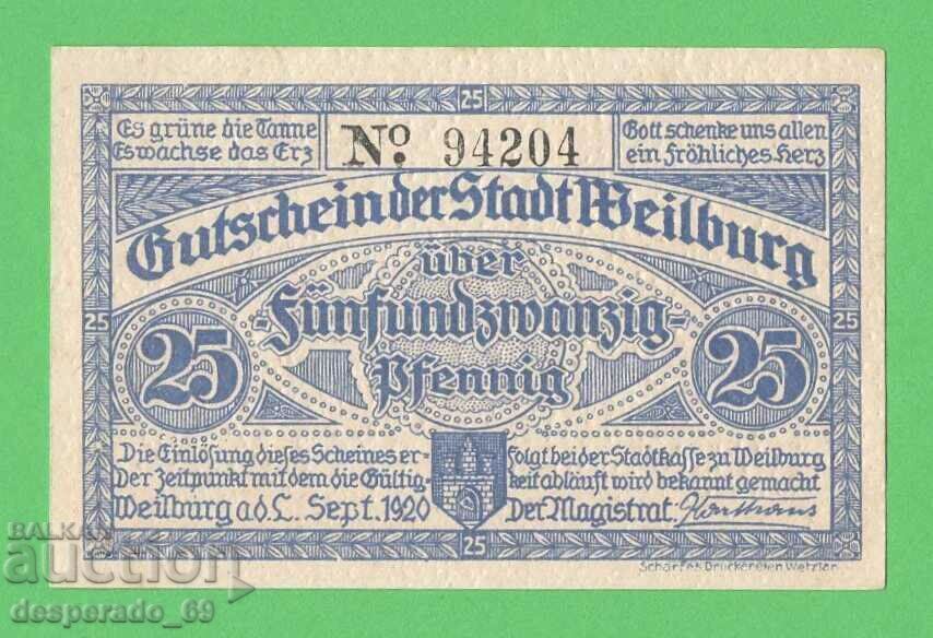 (¯`'•.¸NOTGELD (city Weilburg) 1920 UNC -25 pfennig¸.•'´¯) with price 2.70 BGN | € 1.38