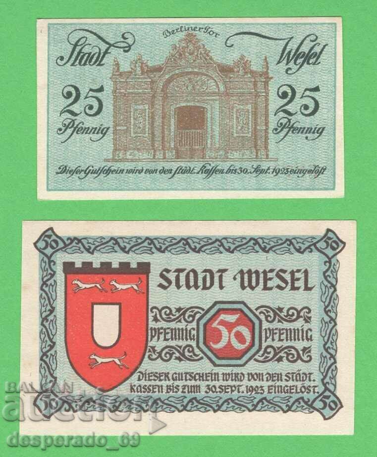 (¯`'•.¸NOTGELD (πόλη του Wesel) 1920 UNC -2 τεμ. τραπεζογραμμάτια¸.•'´¯)