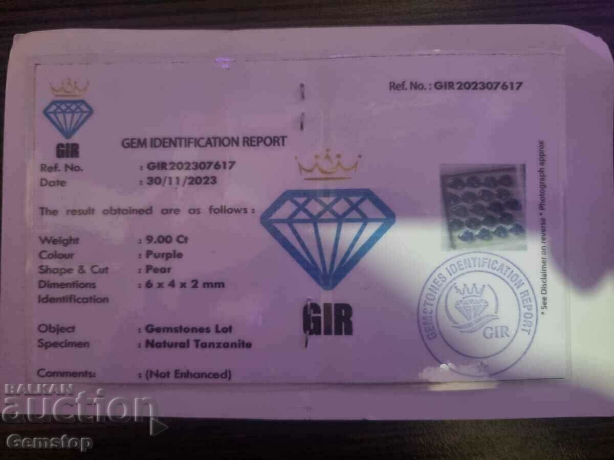 9.00кт естествен танзанит круша 10бр. серт.GIR - 7