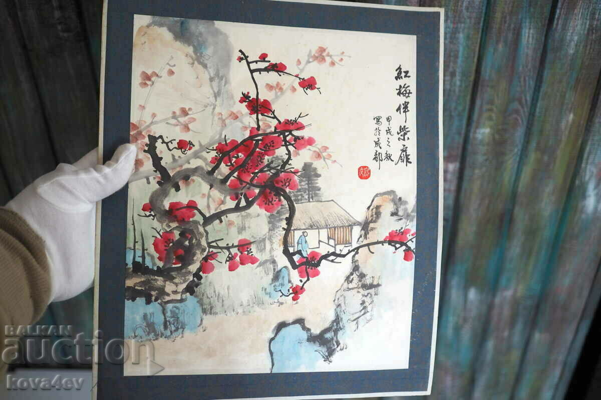 Стар японски акварел с подпис на автора