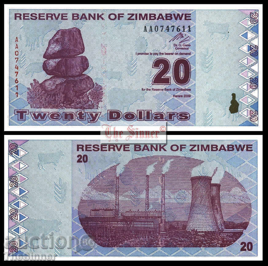 ЗИМБАБВЕ 20 Долара  ZIMBABWE 20 Dollars, P95, 2009 UNC