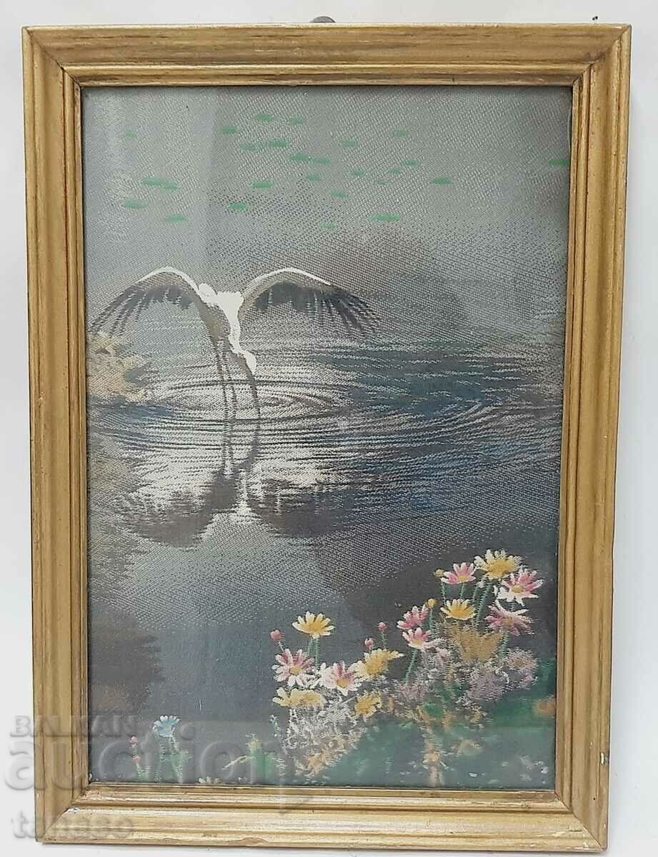 Old embroidered picture, tapestry - stork, flowers(14.3)