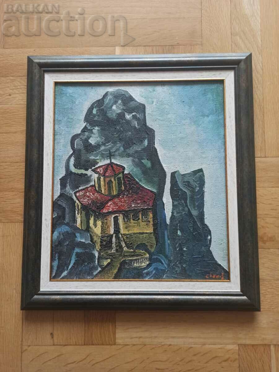 Very old original painting, Meteora, oil on canvas.