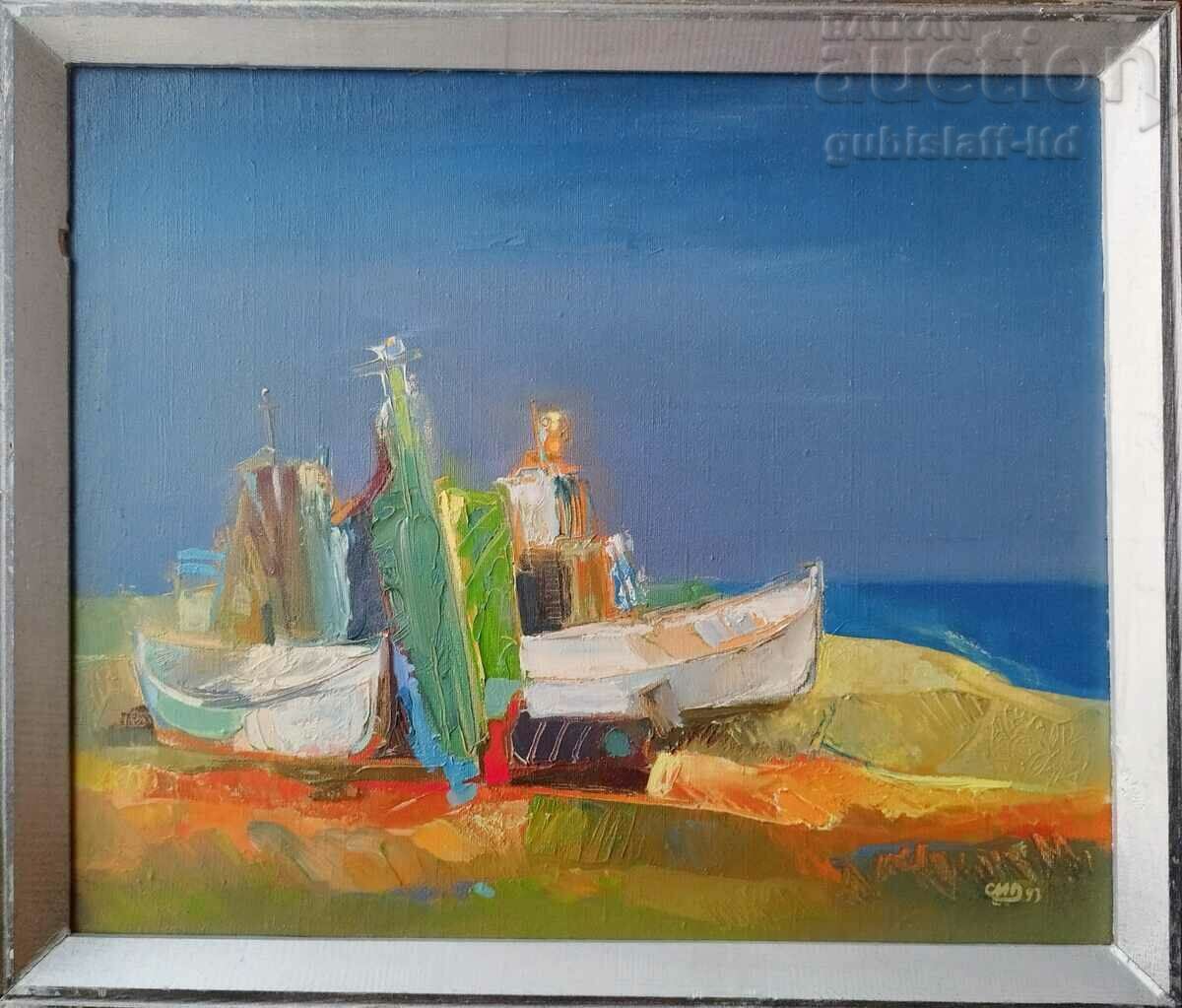 Εικόνα, ακτή, βάρκες, θάλασσα, τέχνη. SMD, 1993
