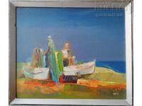 Картина, бряг, лодки, море, худ. СМД, 1993 г.